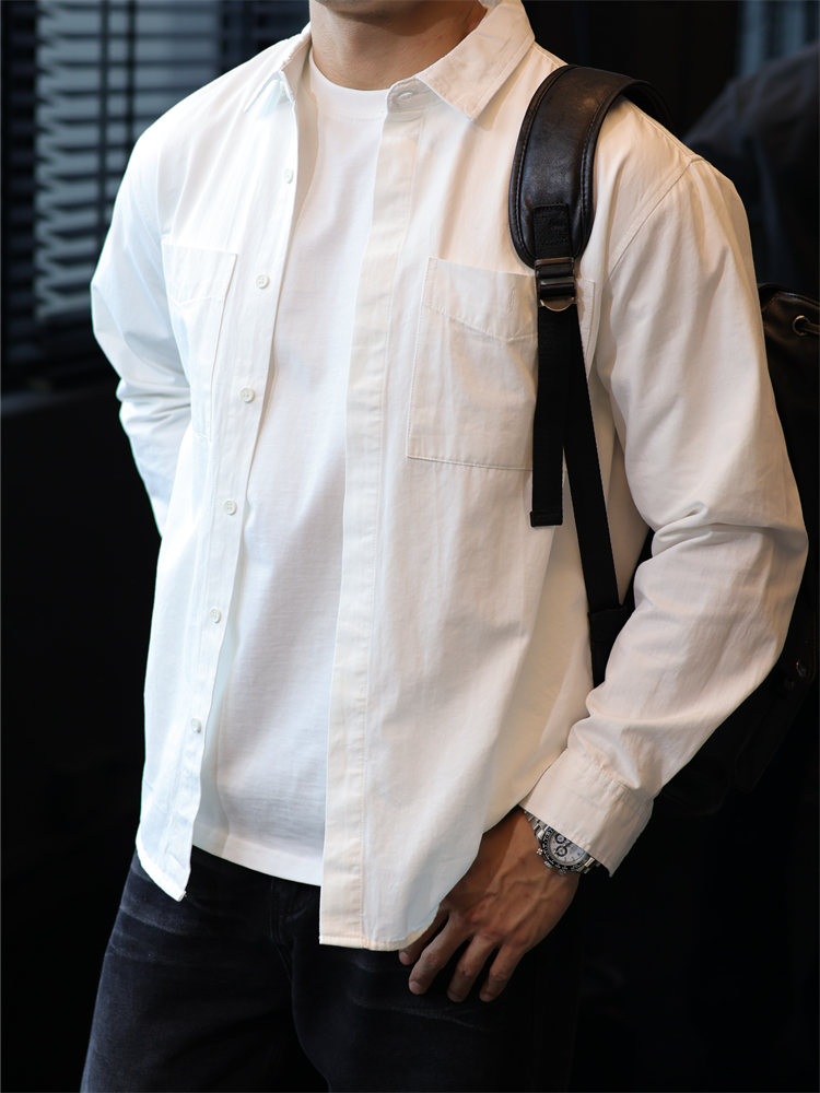 简素Design日系纯棉双口袋宽松白衬衫男休闲通勤长袖衬衣外套春秋