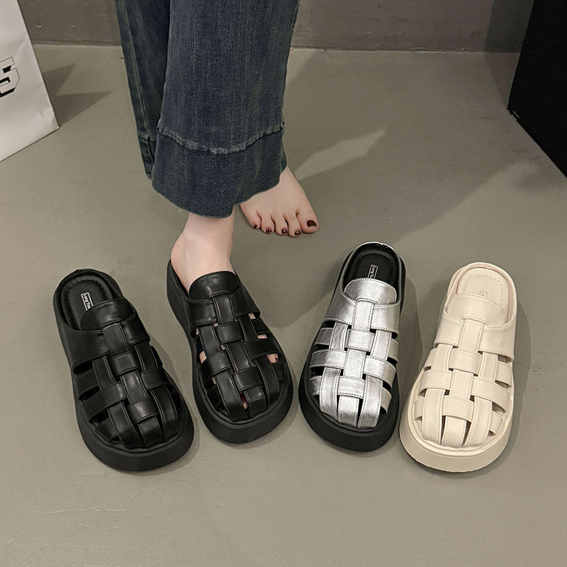 5CM~编织包头凉拖鞋女外穿2025夏季新款松糕厚底百搭镂空罗马凉拖