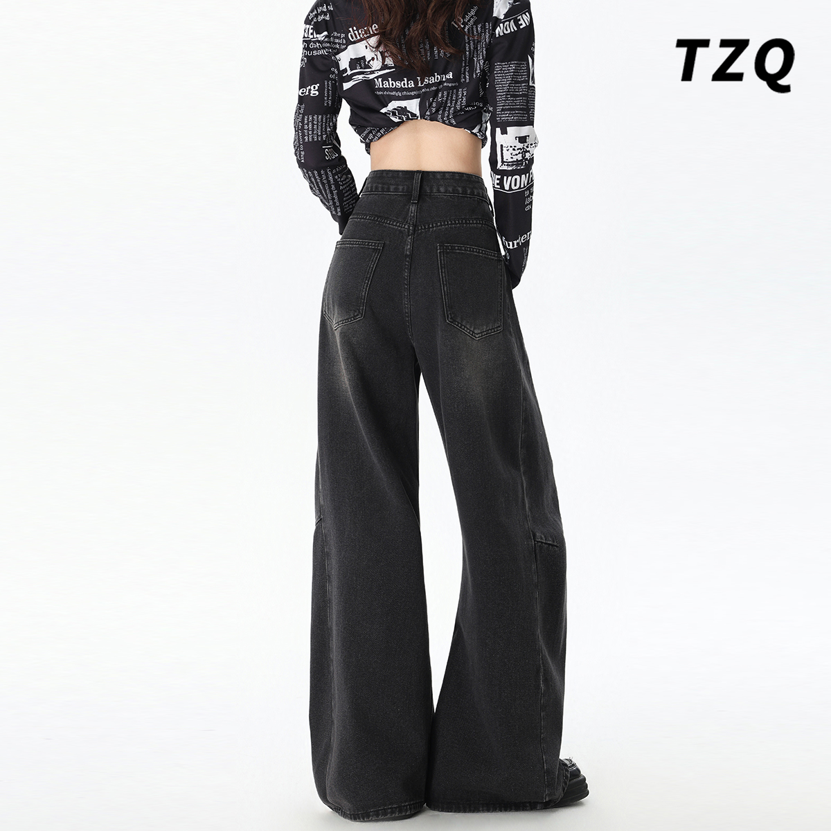 美式复古磨白阔腿牛仔裤女秋季高腰宽松垂感拖地直筒裤TZQ2590214