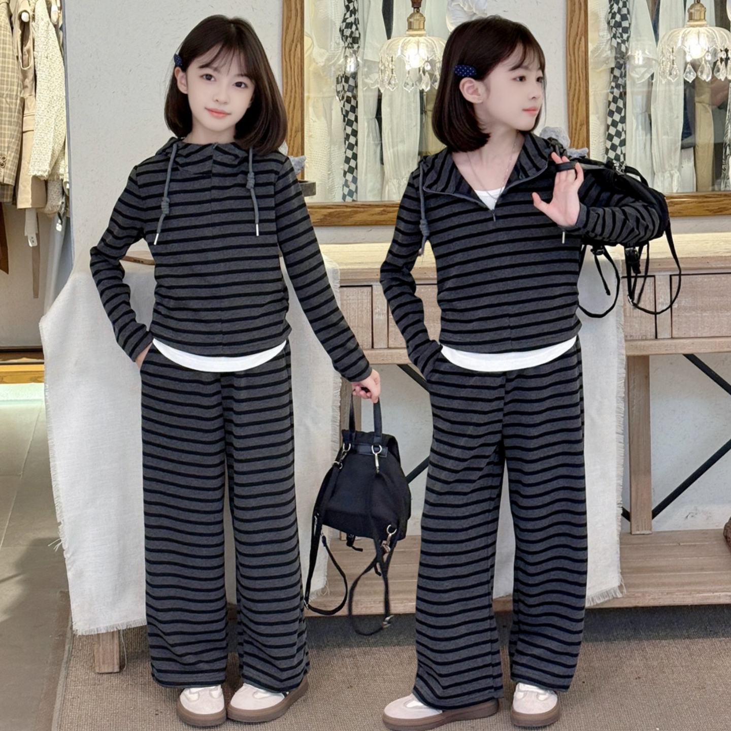 【现货实体品质】女童春秋新款条纹连帽卫衣套装洋气中大童两件套