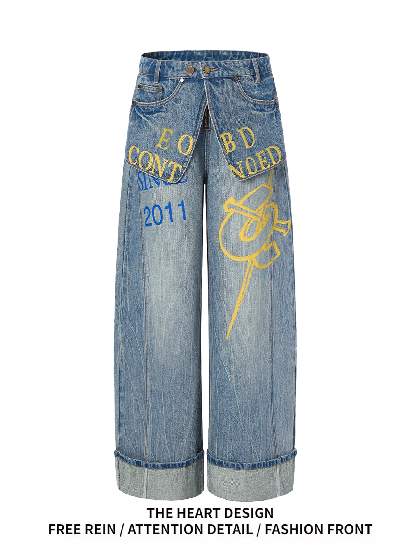 美式高街设计感双腰搭片拼接裙裤女辣妹假两件字母印花拖地阔腿裤