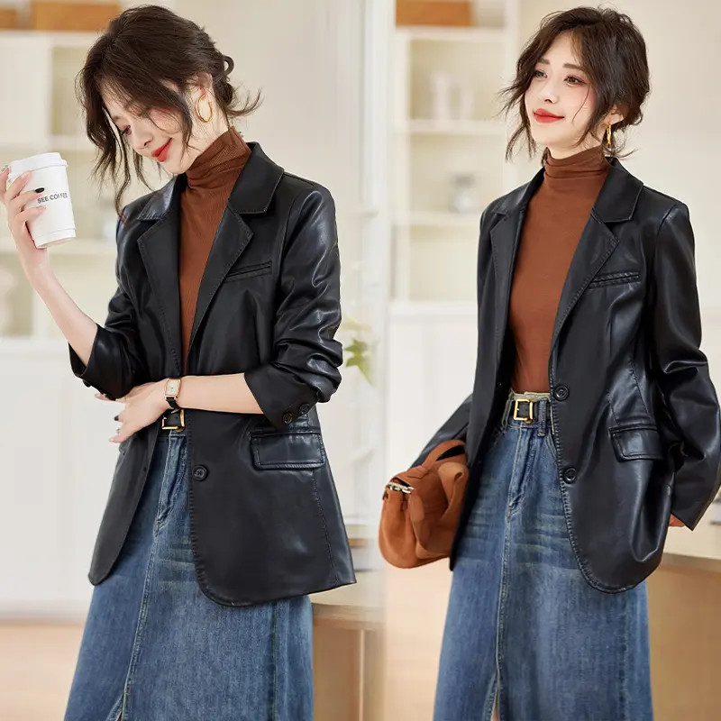 2025新款爆款高级感西装皮衣女春秋韩版气质绵羊皮皮夹克外套女