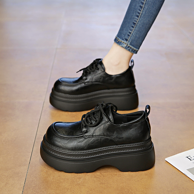 真皮厚底乐福鞋女秋季2025新款小个子增高魔术贴单鞋英伦风小皮鞋