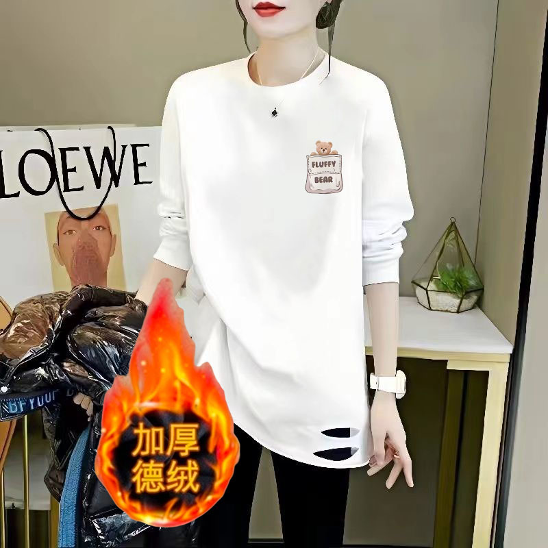 加厚德绒长袖t恤女秋冬季中长款宽松大码内搭下摆破洞上衣打底衫
