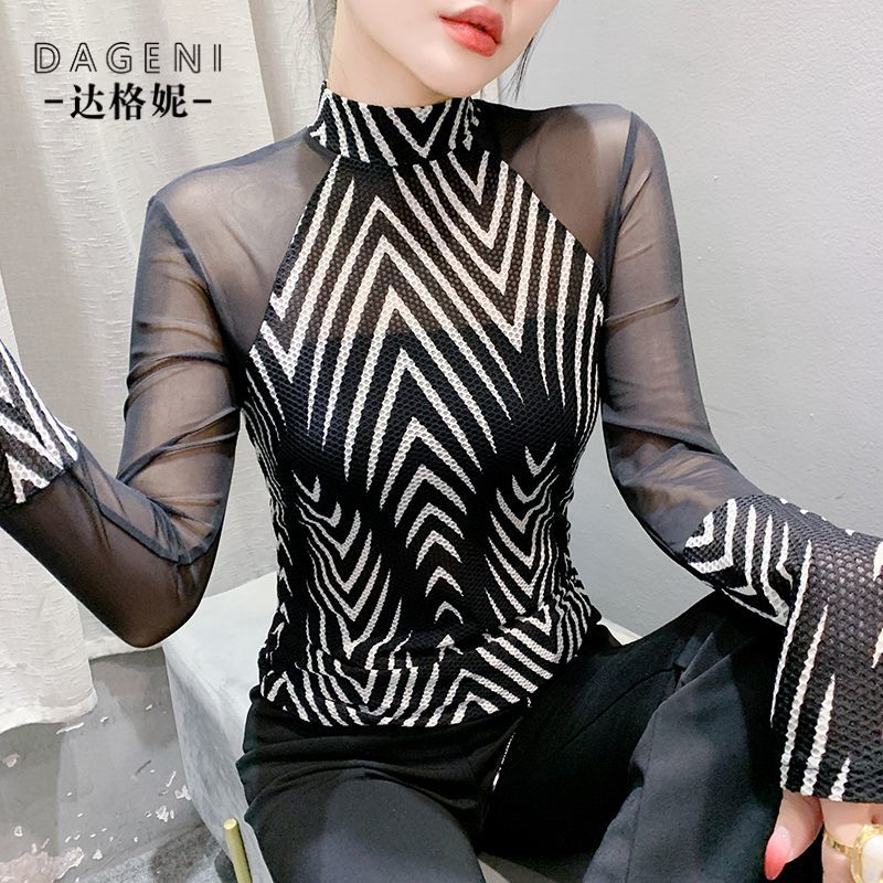 半高领条纹拼接网纱打底衫女2025早春新款高级感不规则长袖上衣女