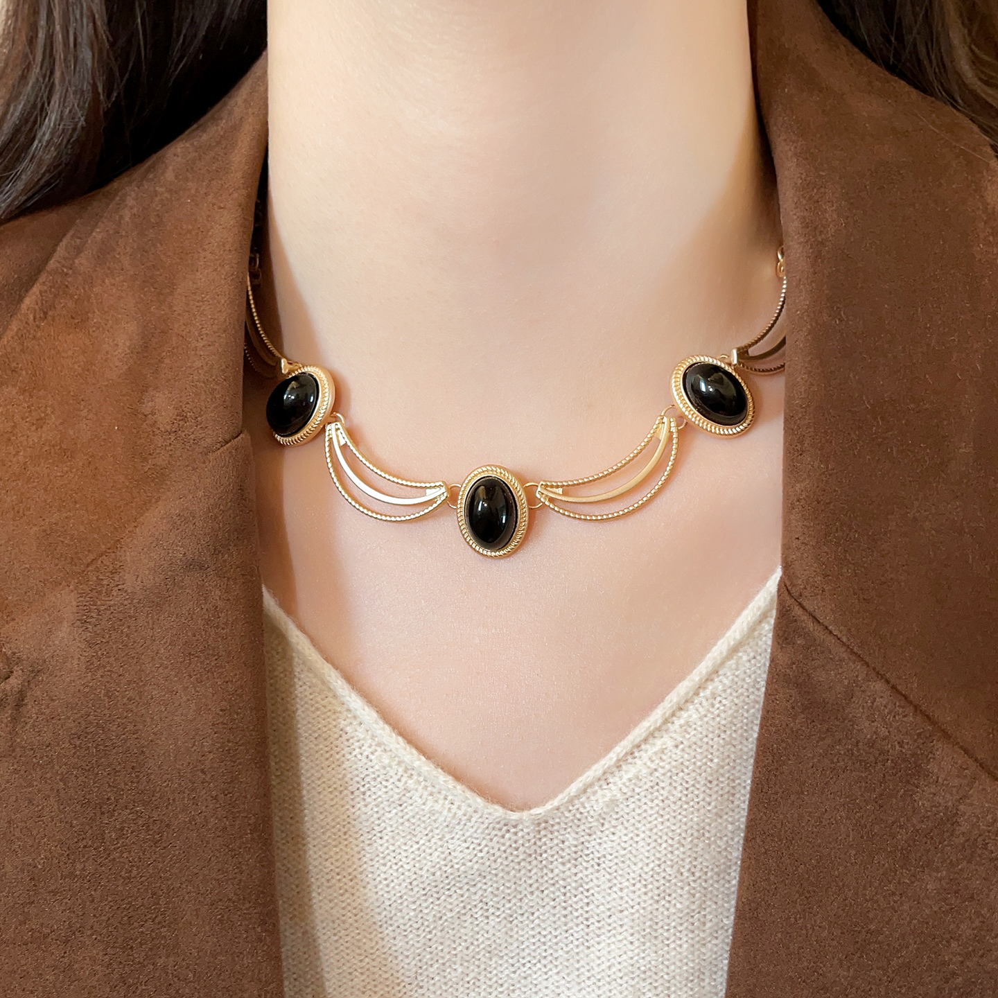 铜合金项链 黑金椭圆几何撞色项链高级感轻奢锁骨链女脖子配饰品