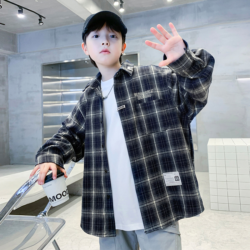 男童春装儿童衬衫2025新款衬衣中大童帅气春秋款格子炸街男孩外套
