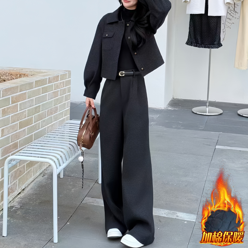 时尚百搭显瘦套装女2025年冬季新款加厚保暖毛呢外套阔腿裤两件套