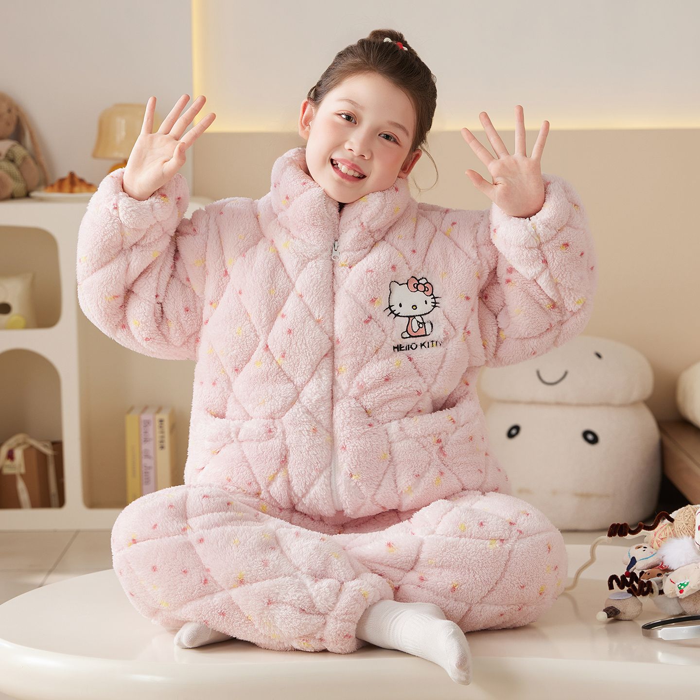 家居服套装2025新款女童儿童冬季三层加厚夹棉睡衣珊瑚绒女孩卡通