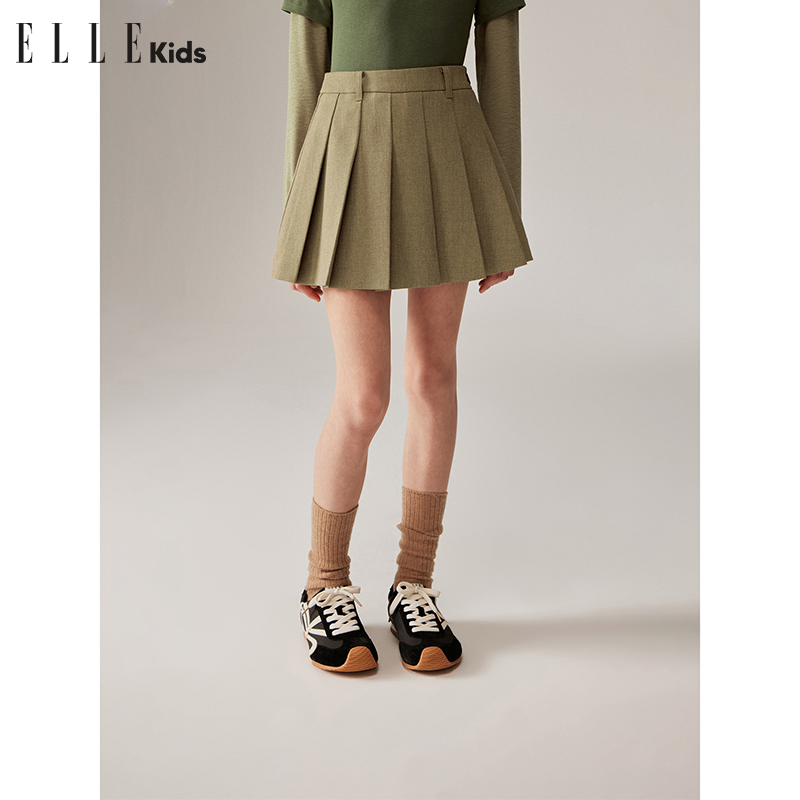 ELLE KIDS 学院风百褶半身裙女童秋季新款安全里裤A字森系裙子Q1