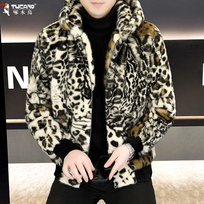 啄木鸟男士豹纹仿皮草夹克男个性轻奢老钱风皮毛一体水貂绒厚外套