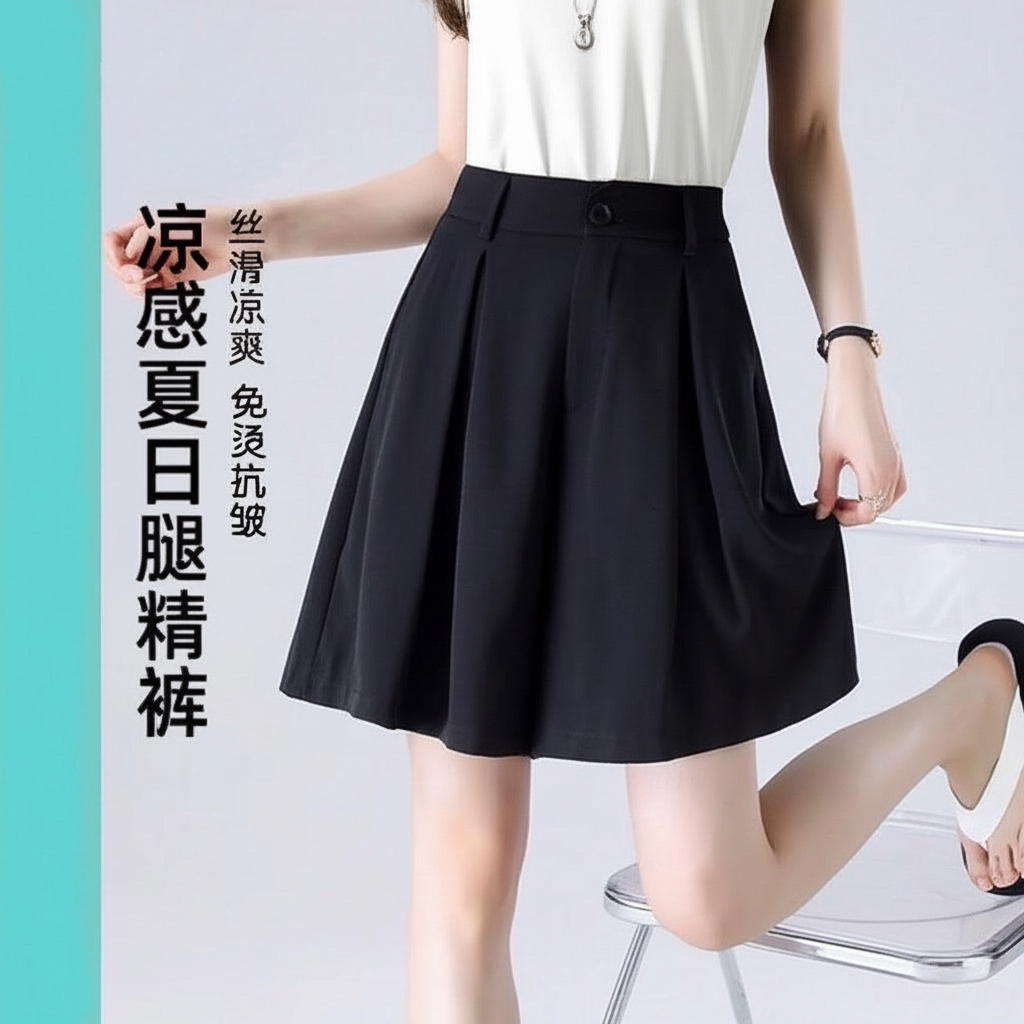 冰丝阔腿裙裤女2025夏季新款薄款高腰遮胯百搭A字五分裤西装短裤