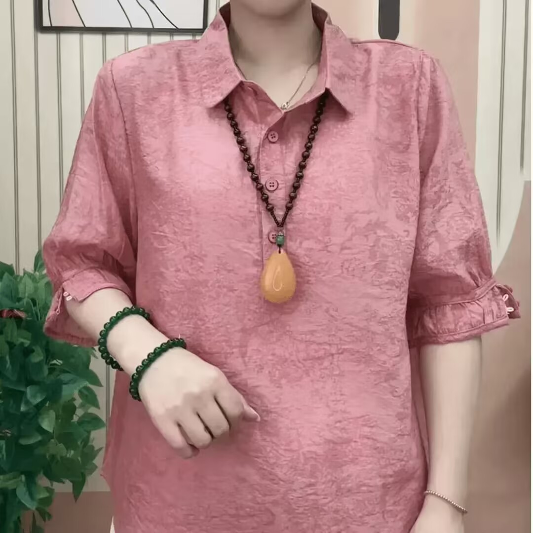 2025新款衬衫领套头衬衫宽松洋气中袖高端上衣百搭休闲时尚显瘦