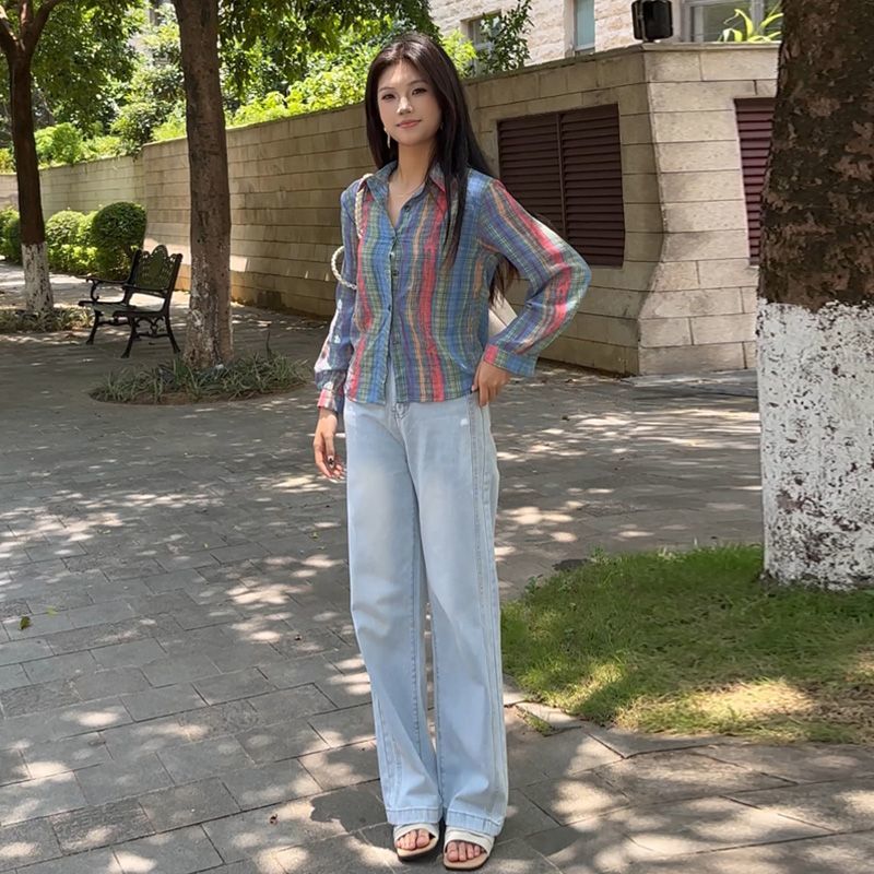 2025春秋宽松显瘦百搭减龄小众上衣港风复古格子条纹长袖衬衫女装