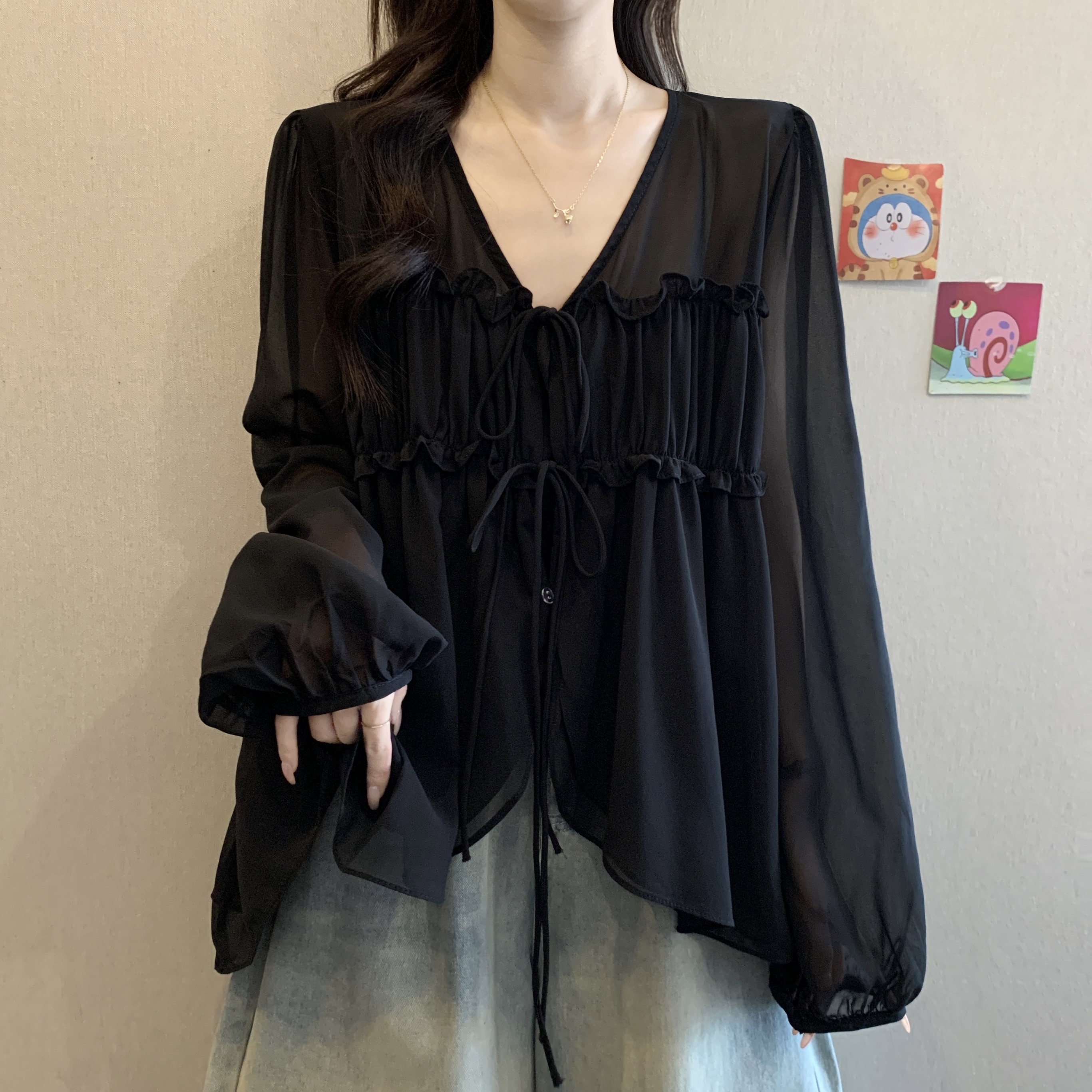 大码女装遮肚子法式不规则V领防晒雪纺衫女夏季胖mm显瘦遮肉上衣