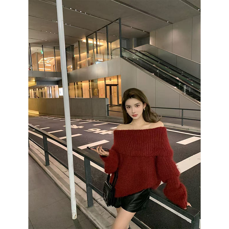 韩系设计感高级时尚御姐风修身显瘦针织露肩上衣时尚高腰短裤套装
