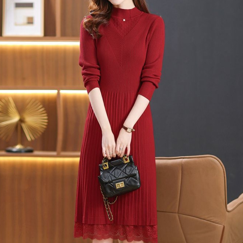 02秋冬新款女士中长款时尚百搭打底冬季连衣裙修身显瘦过膝花边