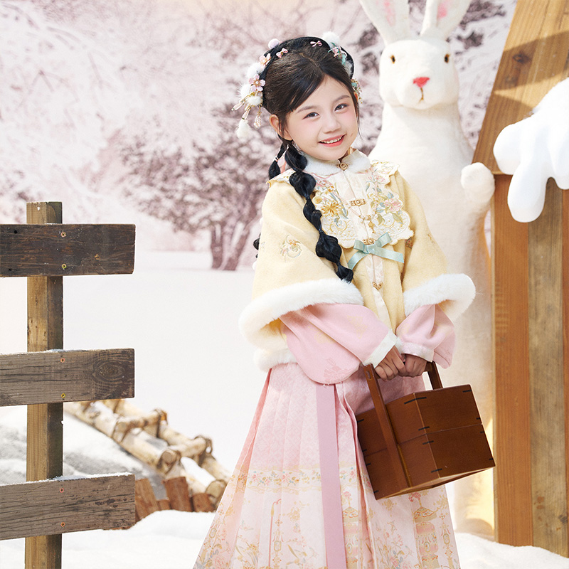 十三余童装[岁朝清梦]立领蓝色比甲琵琶袖马面裙女童汉服