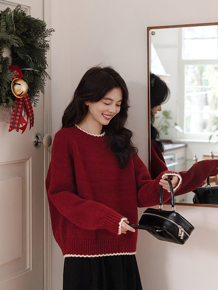 撞色花边节日氛围感红色毛衣女2025秋冬新款慵懒宽松百搭针织上衣