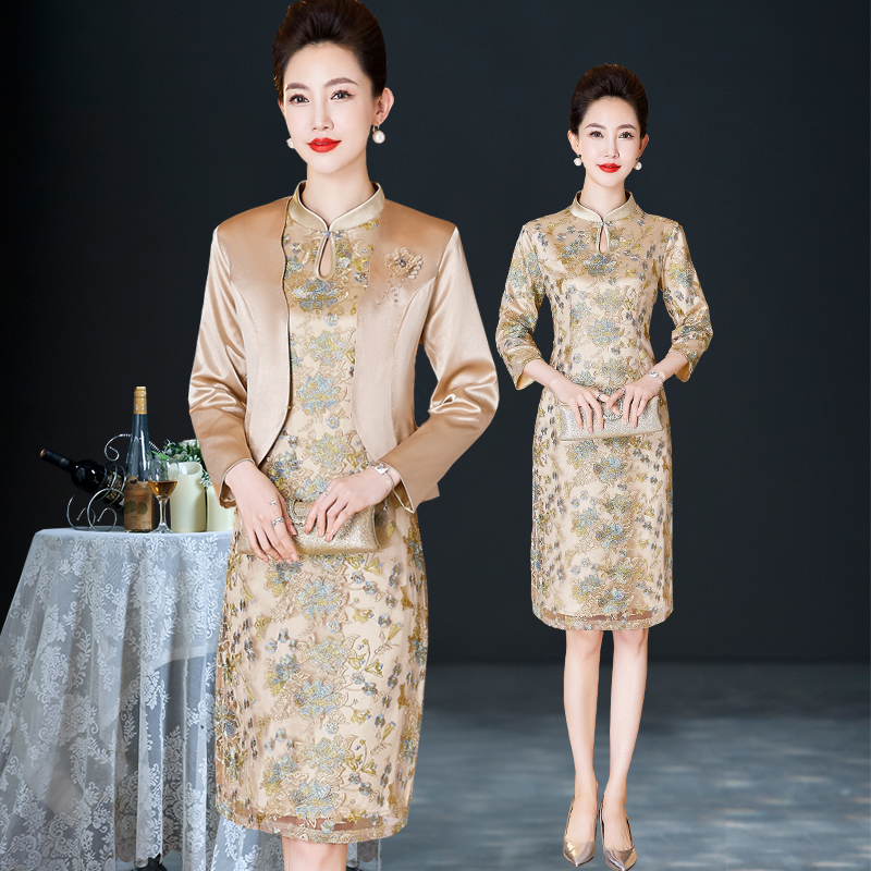 2025春中年时尚旗袍套装裙香槟色新中式婚礼妈妈礼服两件套连衣裙