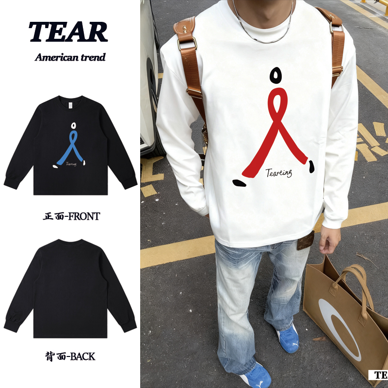 美式重磅纯棉人字母印花长袖T恤宽松百搭ootd穿搭潮流男女同款