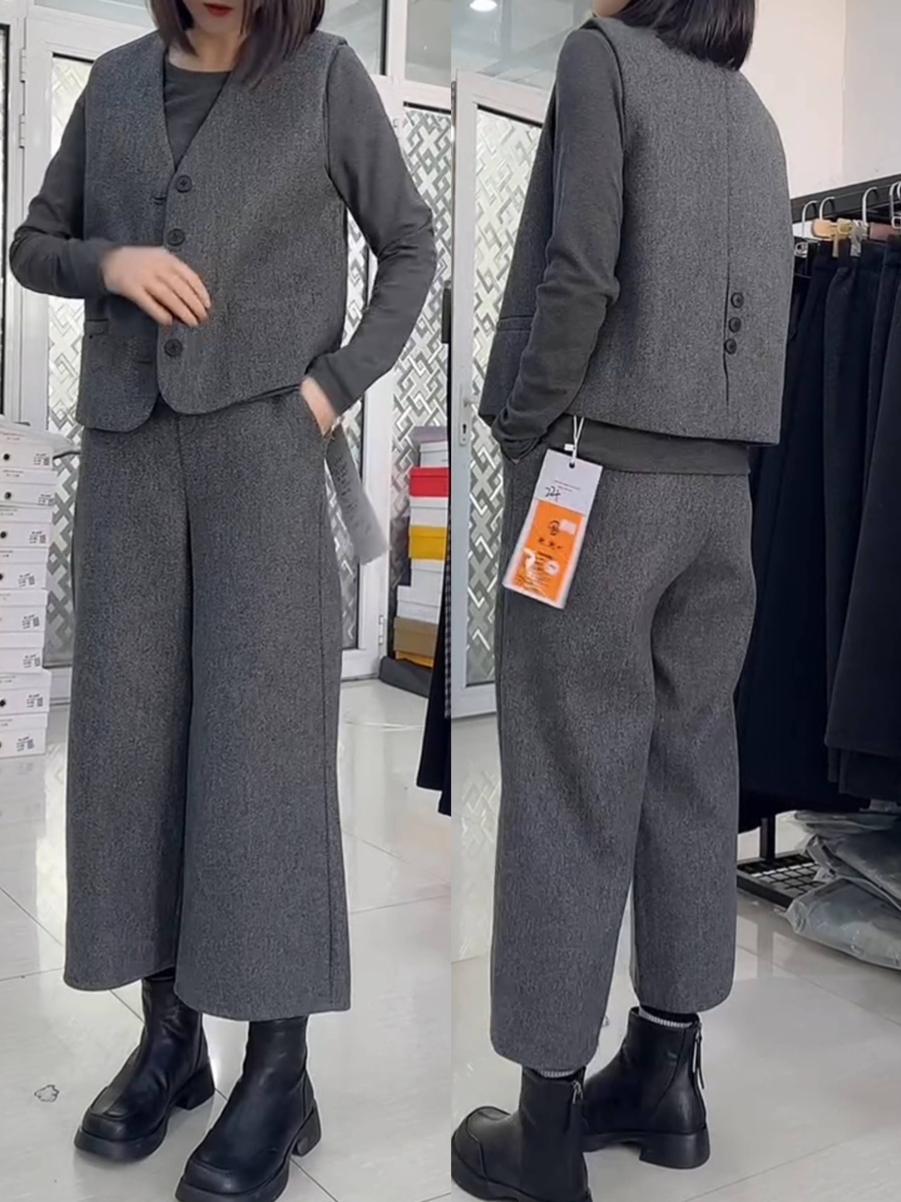 女森说秋季新款时尚毛呢套装休闲减龄无袖马甲背心高腰西裤两件套