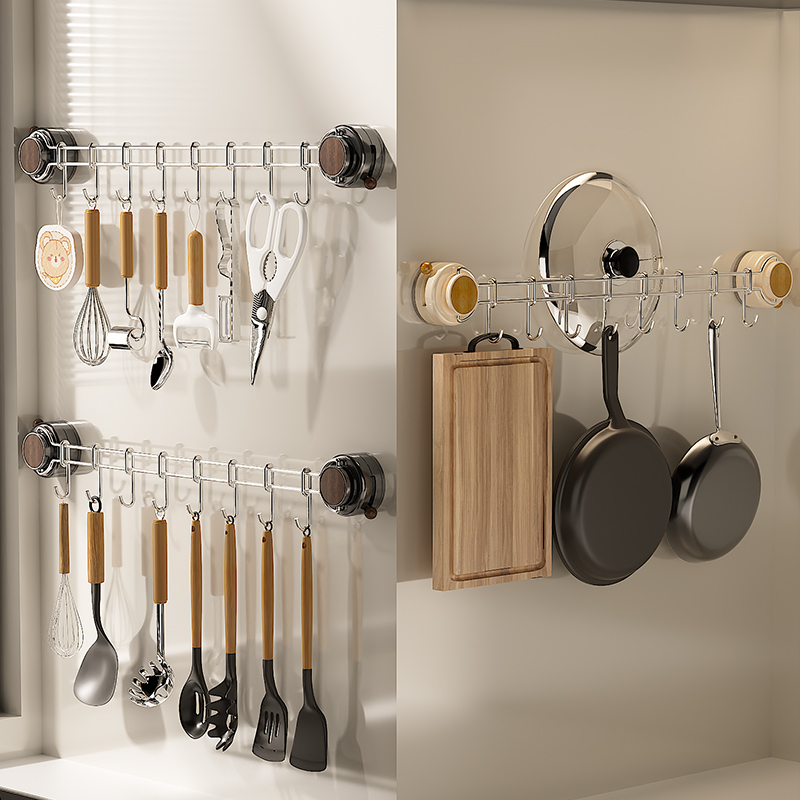 吸盘厨房挂钩免打孔一排式勺子铲子锅盖挂勾架强力无痕厨具收纳架