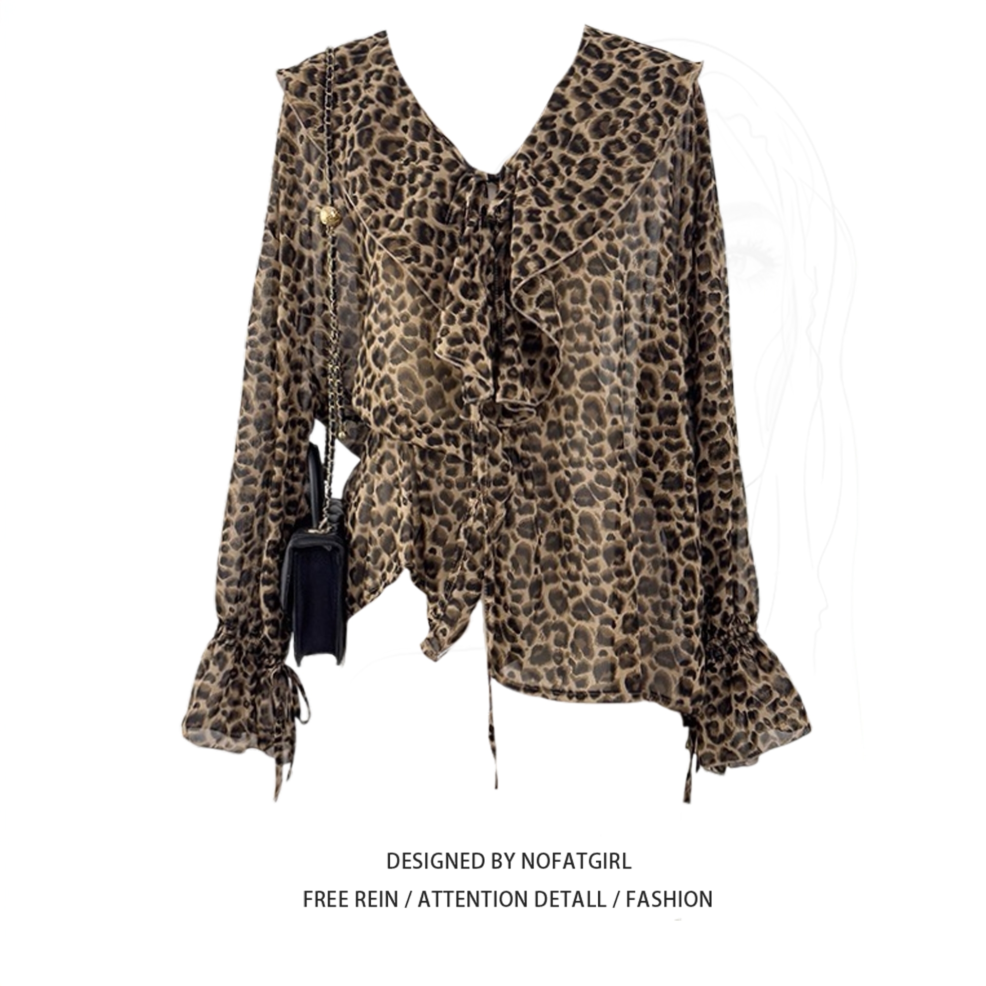 大码胖MM法式复古印花豹纹衬衫女早秋新款气质v领宽松中长款上衣