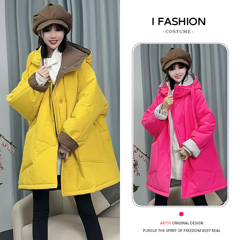 加厚休闲连帽双面穿棉服女2025冬季新款设计感保暖大口袋中长外套