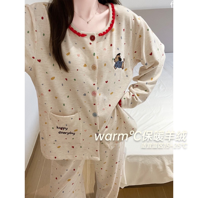 梦鸾磨毛羊绒睡衣女秋冬季保暖德绒童趣风彩色波点小狗外穿家居服