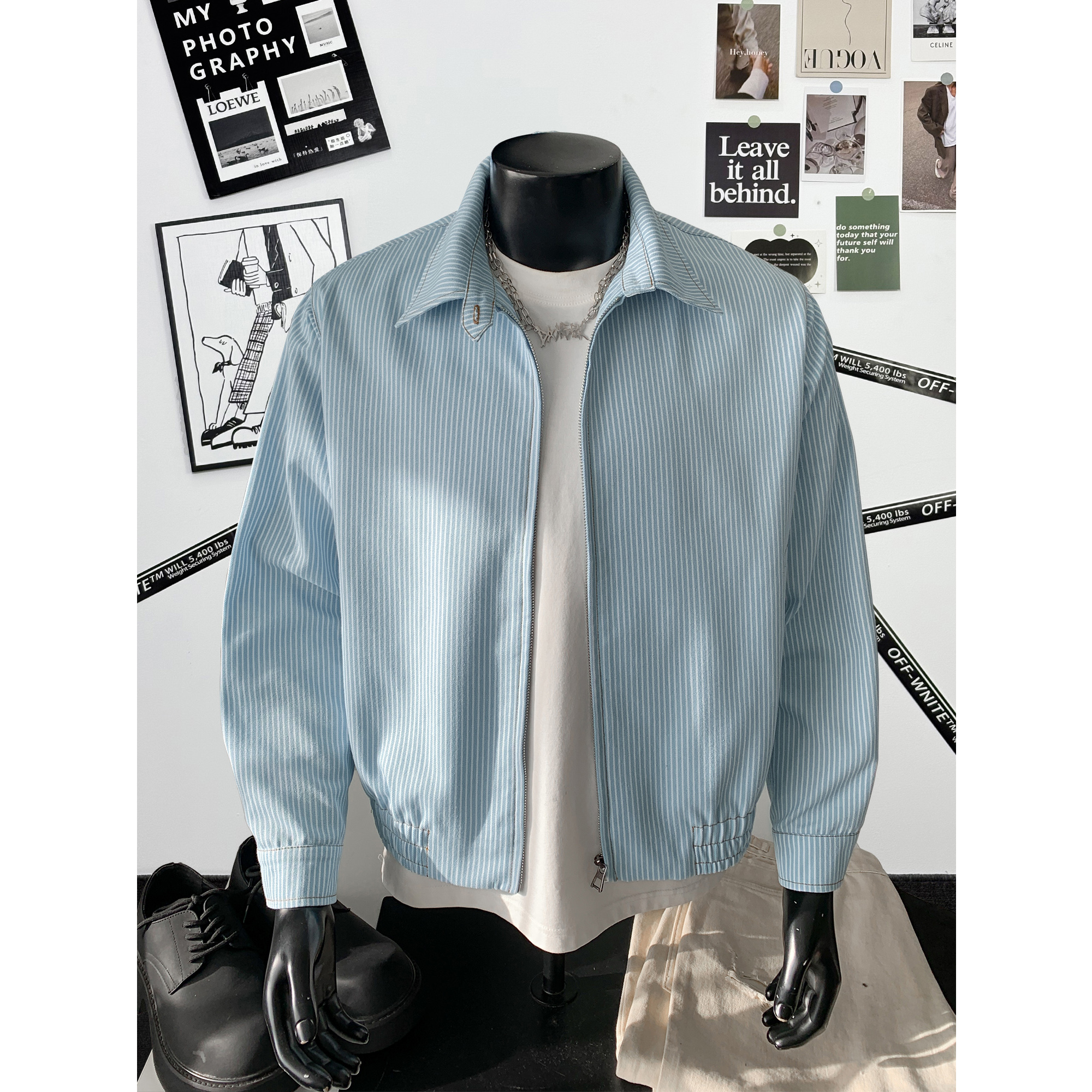 竖蓝白条纹翻领衬衫式外套男美式潮流宽松休闲欧若风松弛简轻夹克