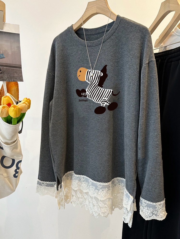 韩版冬春拼接下摆花边圆领长袖厚T恤女百搭宽松休闲灰色打底上衣