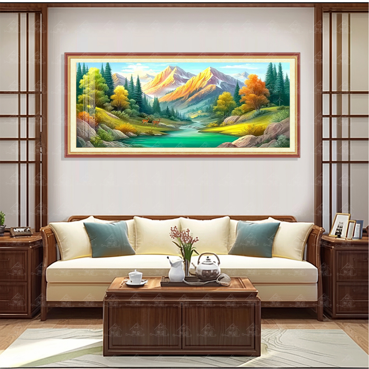 【进口棉布】爱阁十字绣背靠金山-流水生财新款风景画现代画手工绣