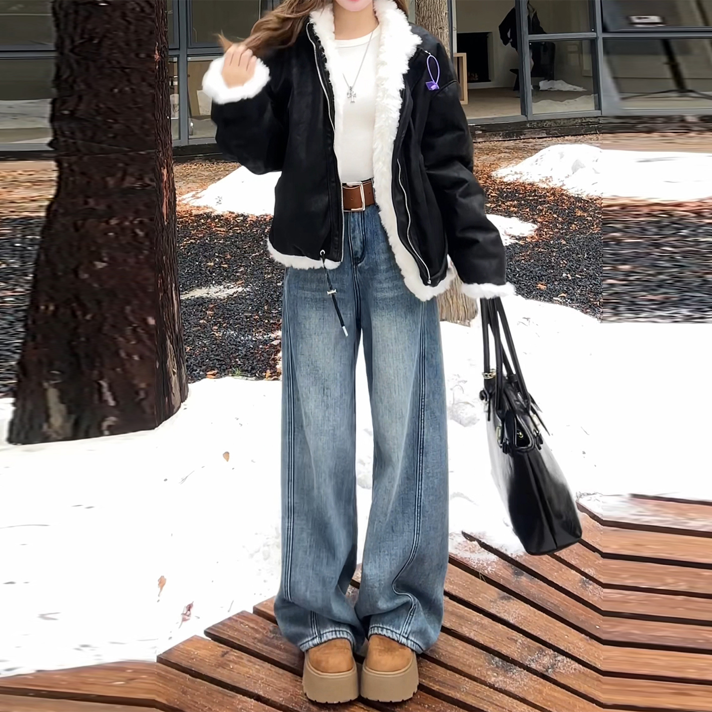 深蓝色加绒高腰弯刀牛仔裤女2025冬季新款百搭宽松显瘦阔腿裤子