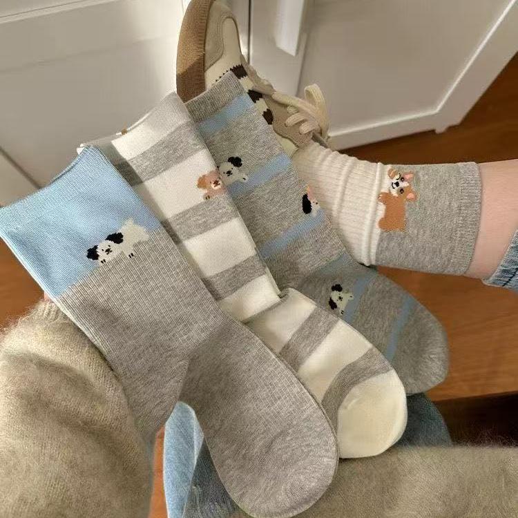 新款条纹小狗袜子女中筒袜子夏秋ins潮韩版可爱日系卡通条纹撞色Q