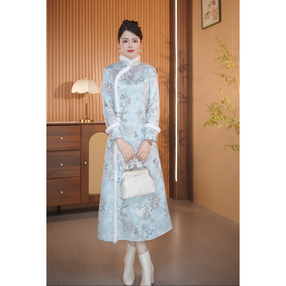 【蝶域】衣长120新款冬款加绒复古中长高档文艺旗袍连衣裙