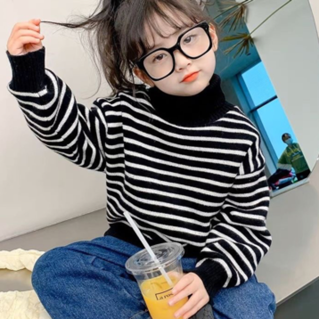 新款男女童百搭条纹高领加厚一体绒毛衣长袖韩版套头秋冬