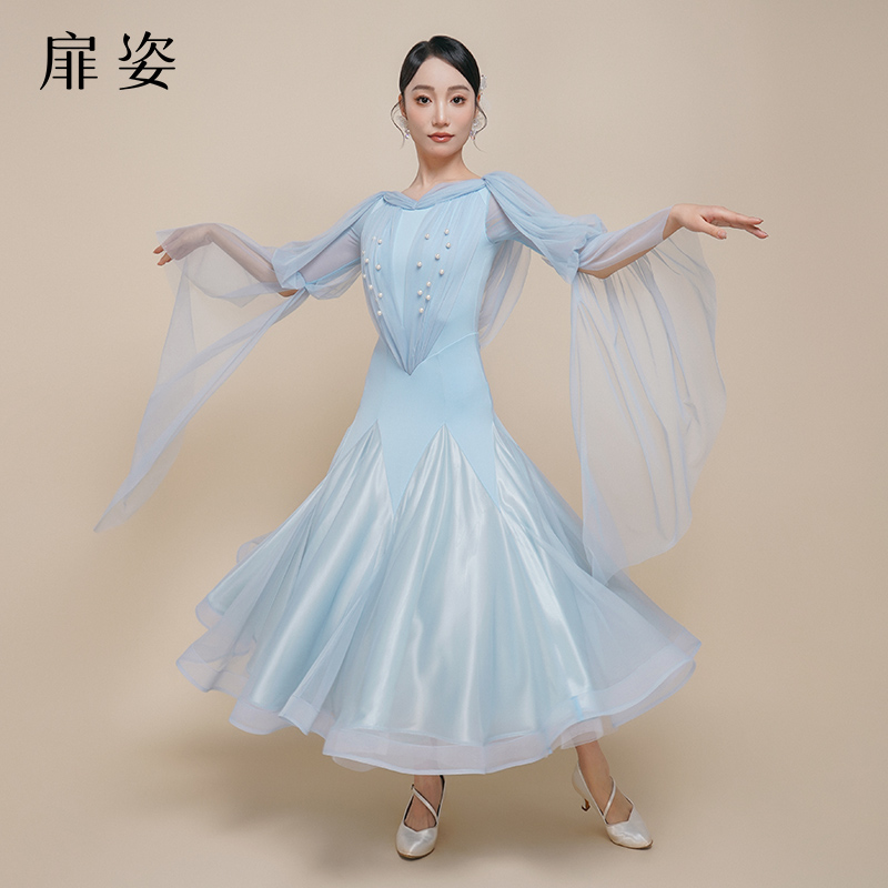 扉姿 摩登舞裙女新款交谊舞练功裙子华尔兹飘逸大摆连衣裙F3048