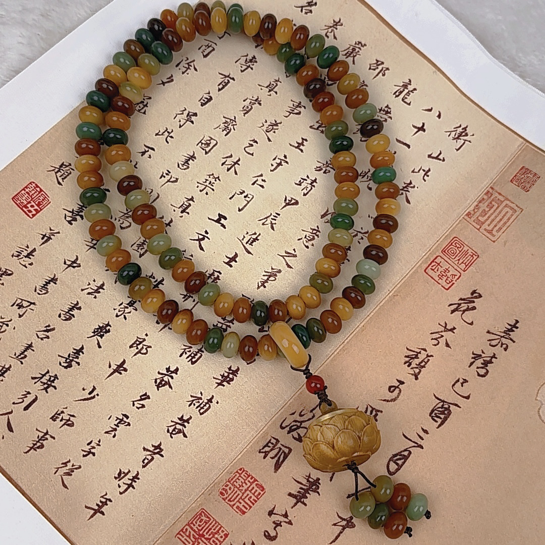 敦煌问天6×8mm天然菩提老料浓郁小卡108捻珠项链成品