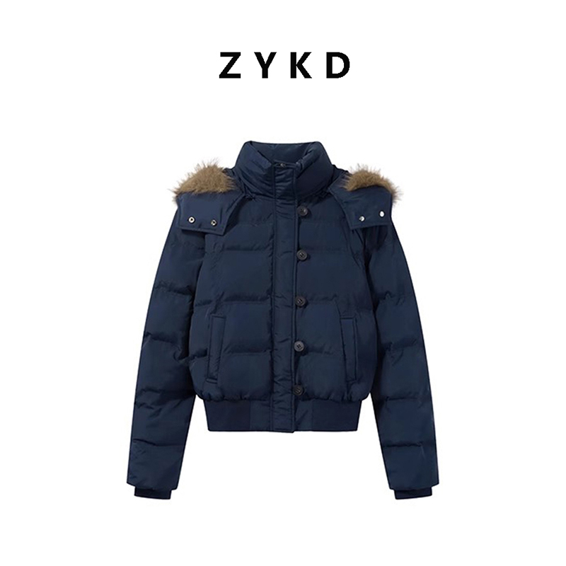 美式短款毛领派克服修身连帽卫衣拉链棉服外套女秋冬季小个子加绒