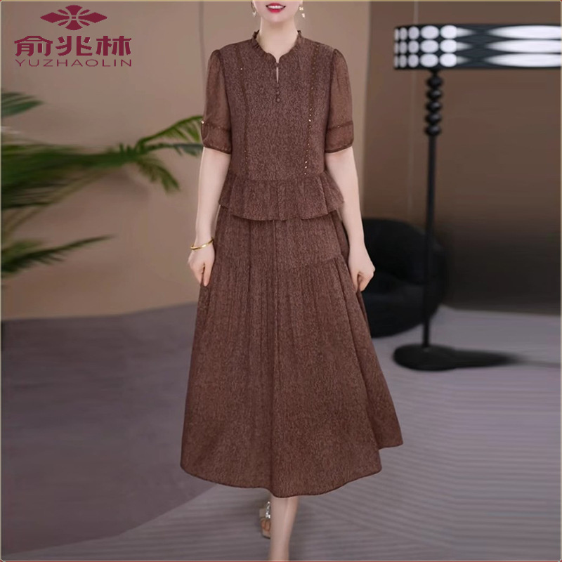 俞兆林时尚夏季短袖显瘦假两件大码连衣裙2025新款气质简约妈妈装
