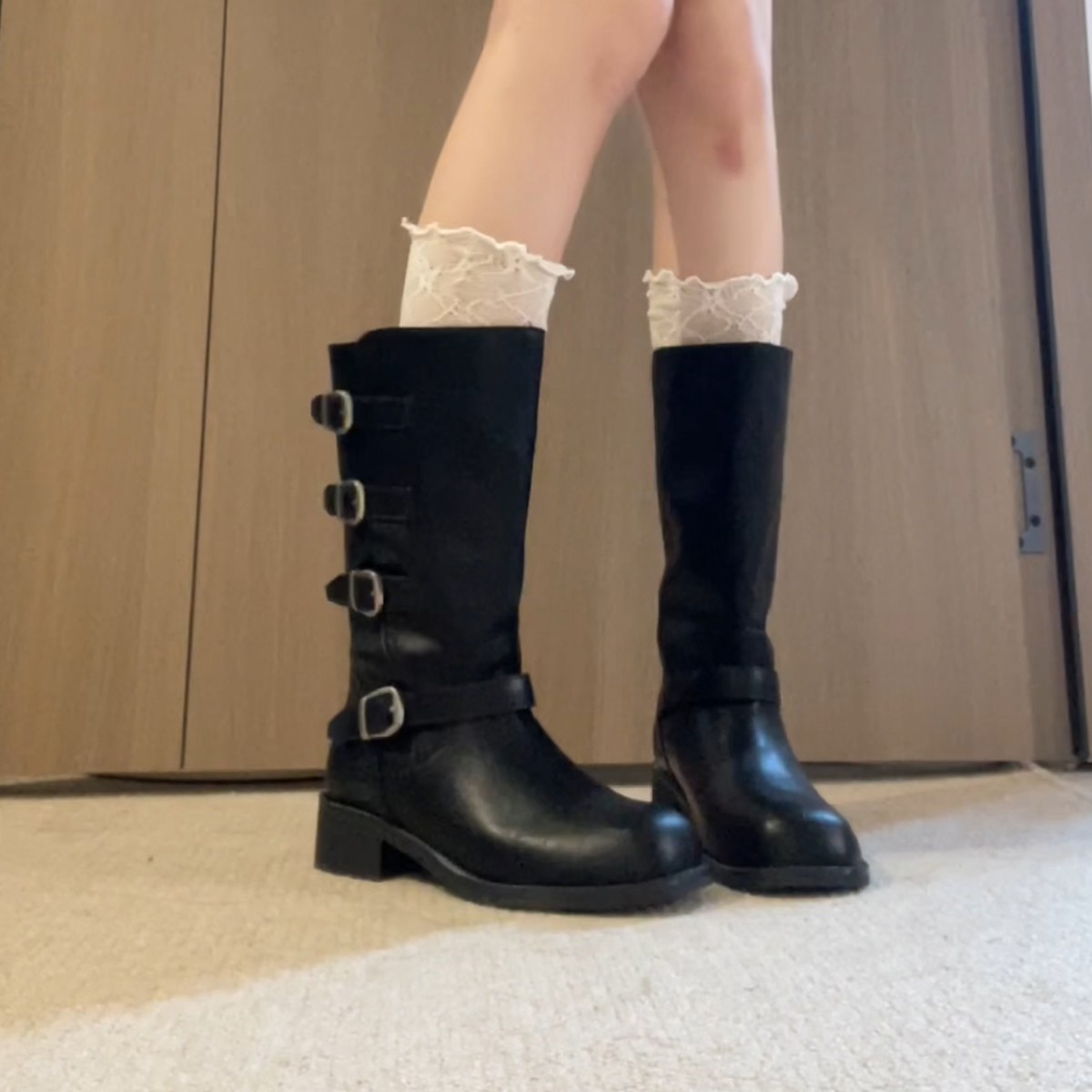 牛皮版~复古百搭帅气机车靴女秋冬显瘦方头厚底粗跟皮带扣骑士靴