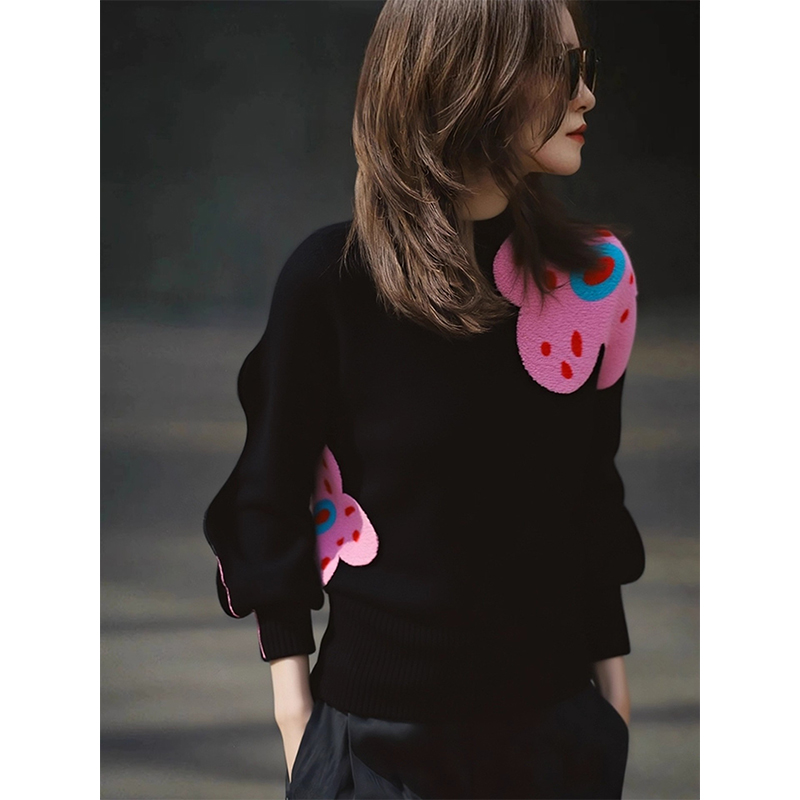 2025秋冬季小众不撞款上衣韩系慵懒风设计感黑色花朵针织衫毛衣