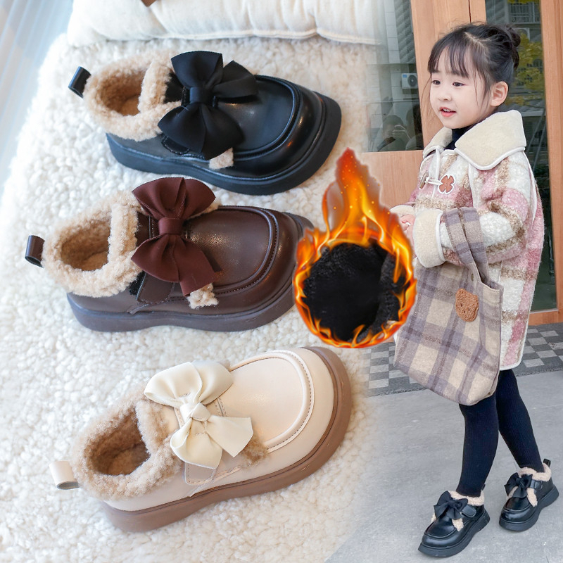 女童皮鞋2025冬季新款儿童豆豆鞋小女孩公主加绒软底皮鞋