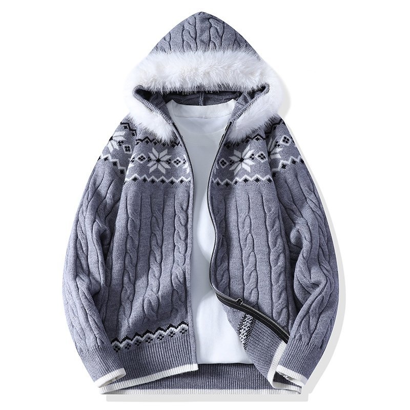 男女秋冬季提花连帽毛衣男士毛领针织开衫外套韩版宽松外穿毛线衣