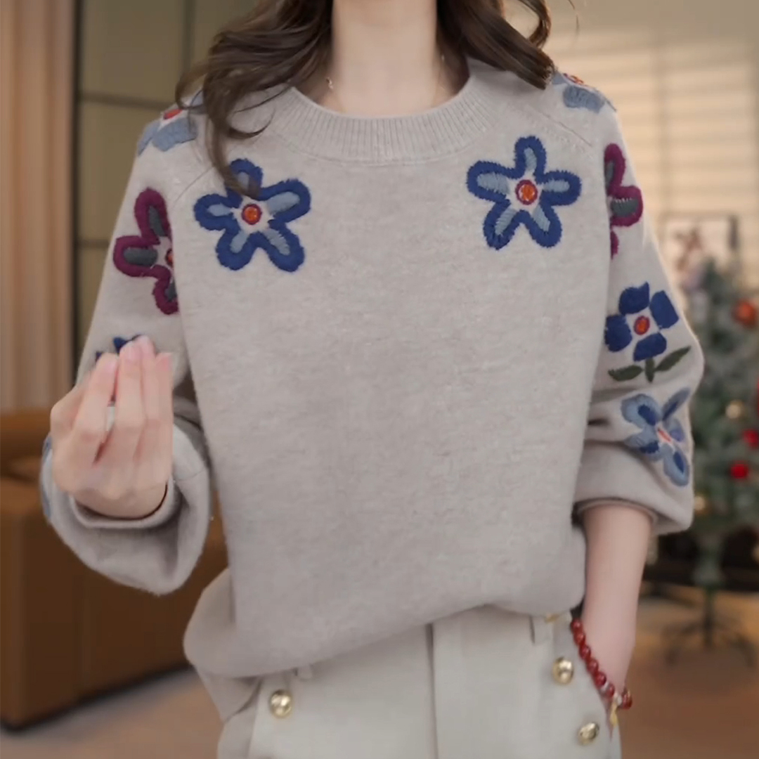 绮梦琉璃~经典百搭立体花朵针织衫圆领长袖毛衣女士上衣LK2501008