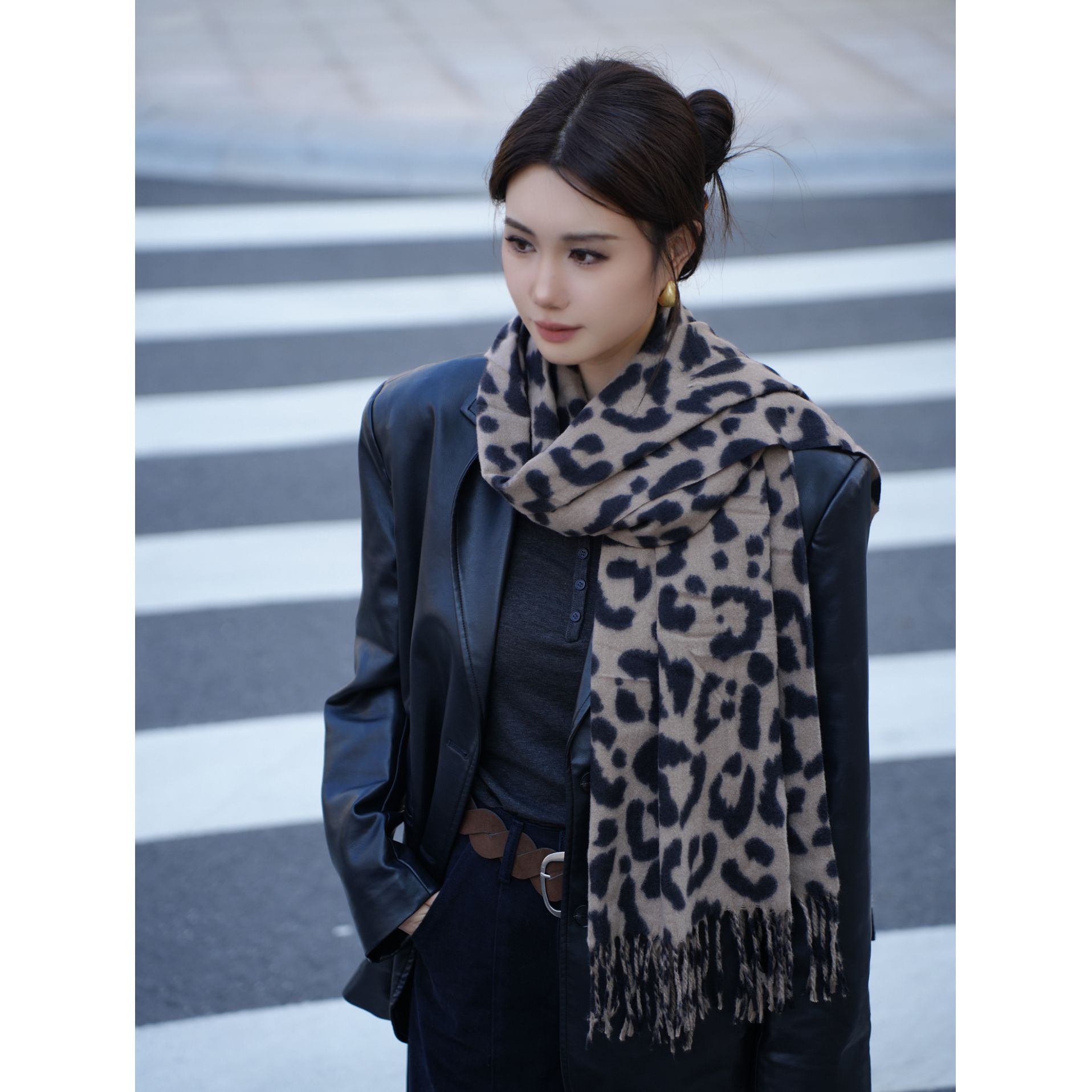 【奶豹】180*70长围巾豹纹流苏氛围感加厚仿羊绒流苏保暖防寒围脖
