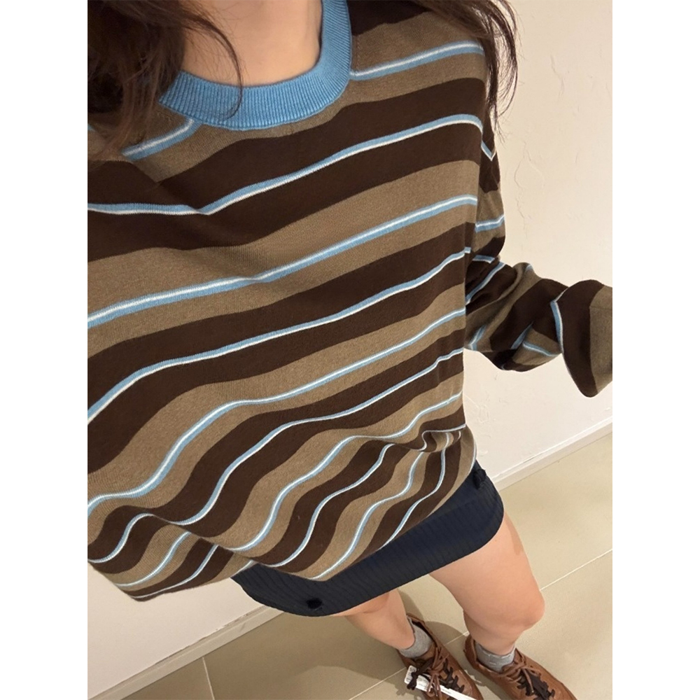 蓝咖色条纹圆领套头宽松长袖女2025早秋季巨好看轻熟上衣