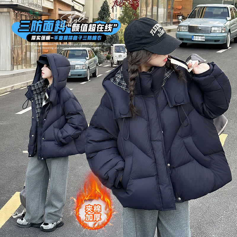 女童外套冬季中大童加厚格子外套儿童手塞棉拼格子棉衣