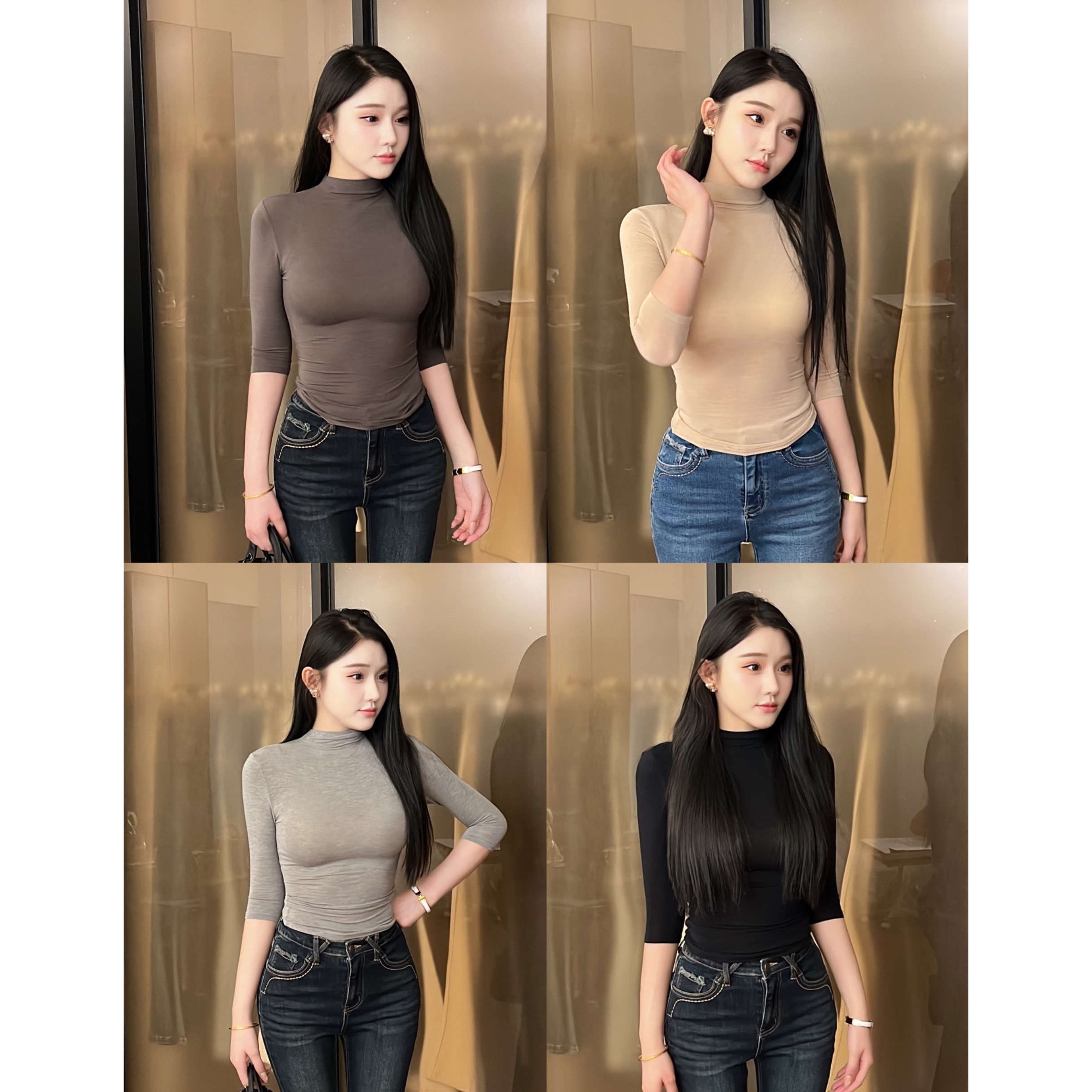 希野逸儿/性感微透显胸大半高领简约显身材中袖打底衫女秋款上衣